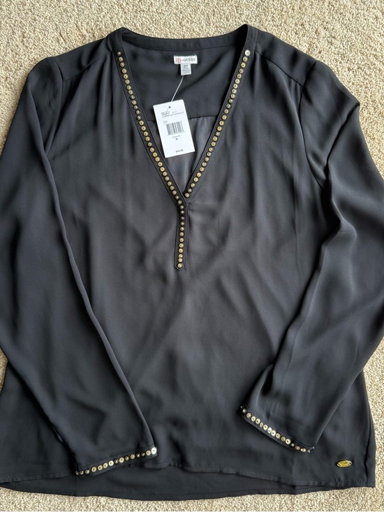 Guess Tops - NWT GUESS 1981 Black Blouse Women Medium Studded V Neck Long Sleeve